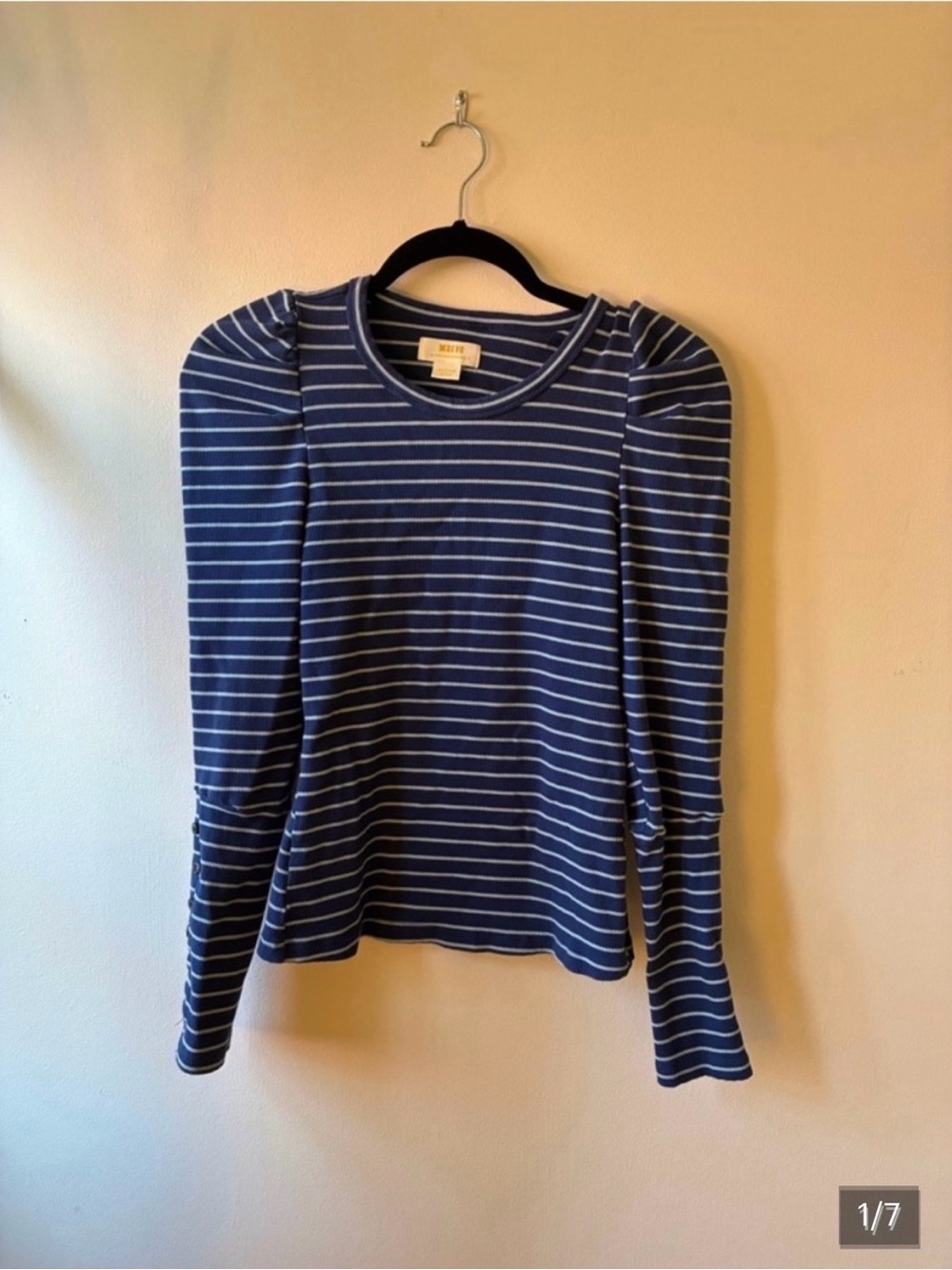 Maeve by Anthropologie Navy and light blue Striped Puff-Sleeve Long Sleeve Top